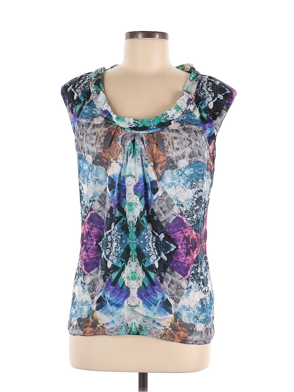 leifsdottir Multicolor Printed Silk Cap-Sleeve Top in Blue, Purple, Green
